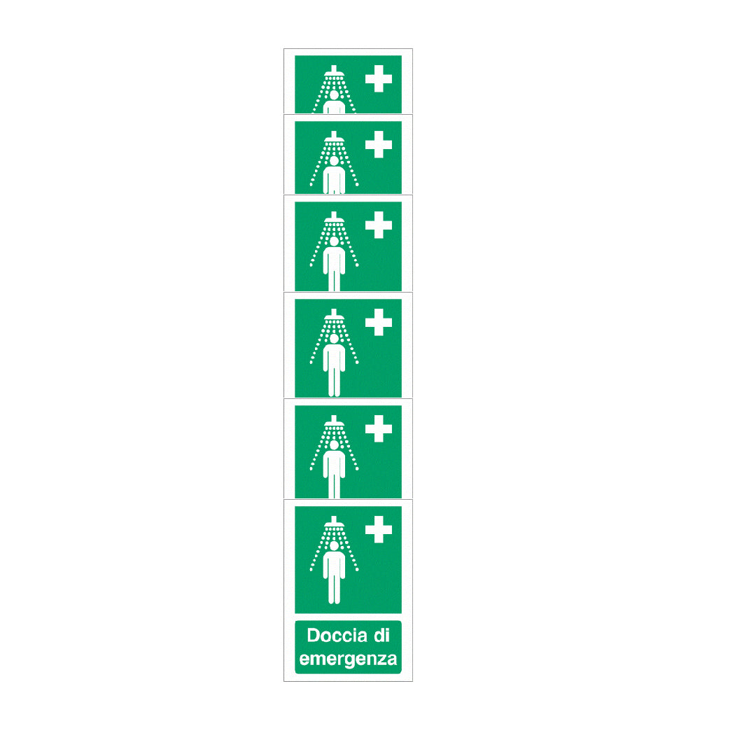 KIT DI 6 ADESIVI - "Doccia di emergenza" - Pittogramma ISO 7010 Con Stampa Diretta U.V. (IDEALE ANCHE PER ESTERNO)