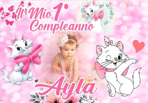 STRISCIONE compleanno - Minou Aristogatti MOD 3 - CON NOME foto ed età bimbo/a
