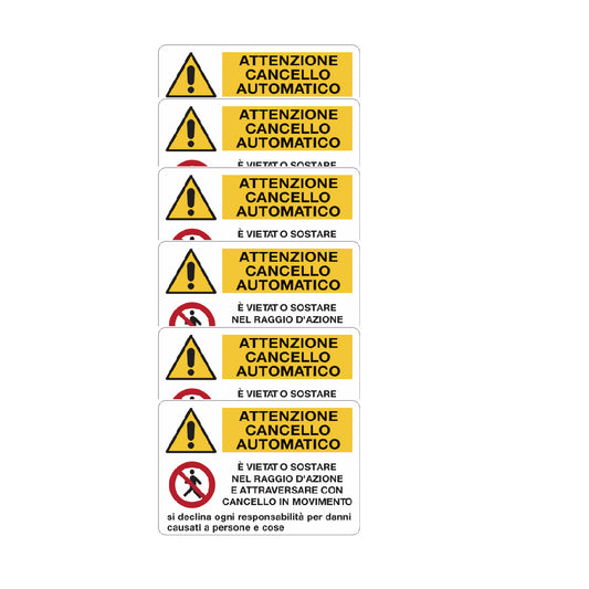 KIT DI 6 ADESIVI -Cartelli di divieto e pericolo - Attenzione cancello automatico- Pittogramma ISO 7010 Con Stampa Diretta U.V. (IDEALE ANCHE PER ESTERNO)