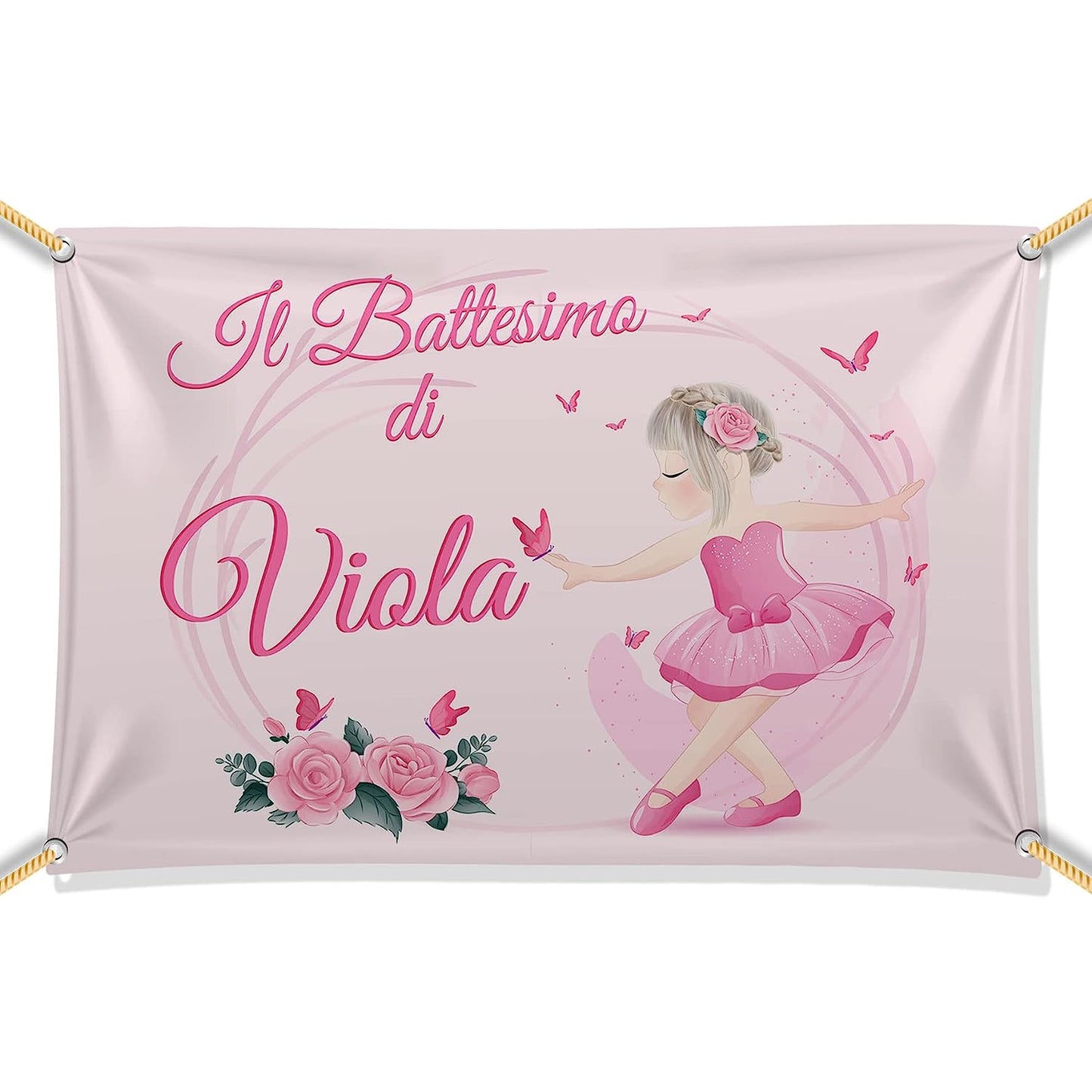 BANNER STRISCIONE BATTESIMO - Ballerina Rosa - CON IL TUO NOME bimbo