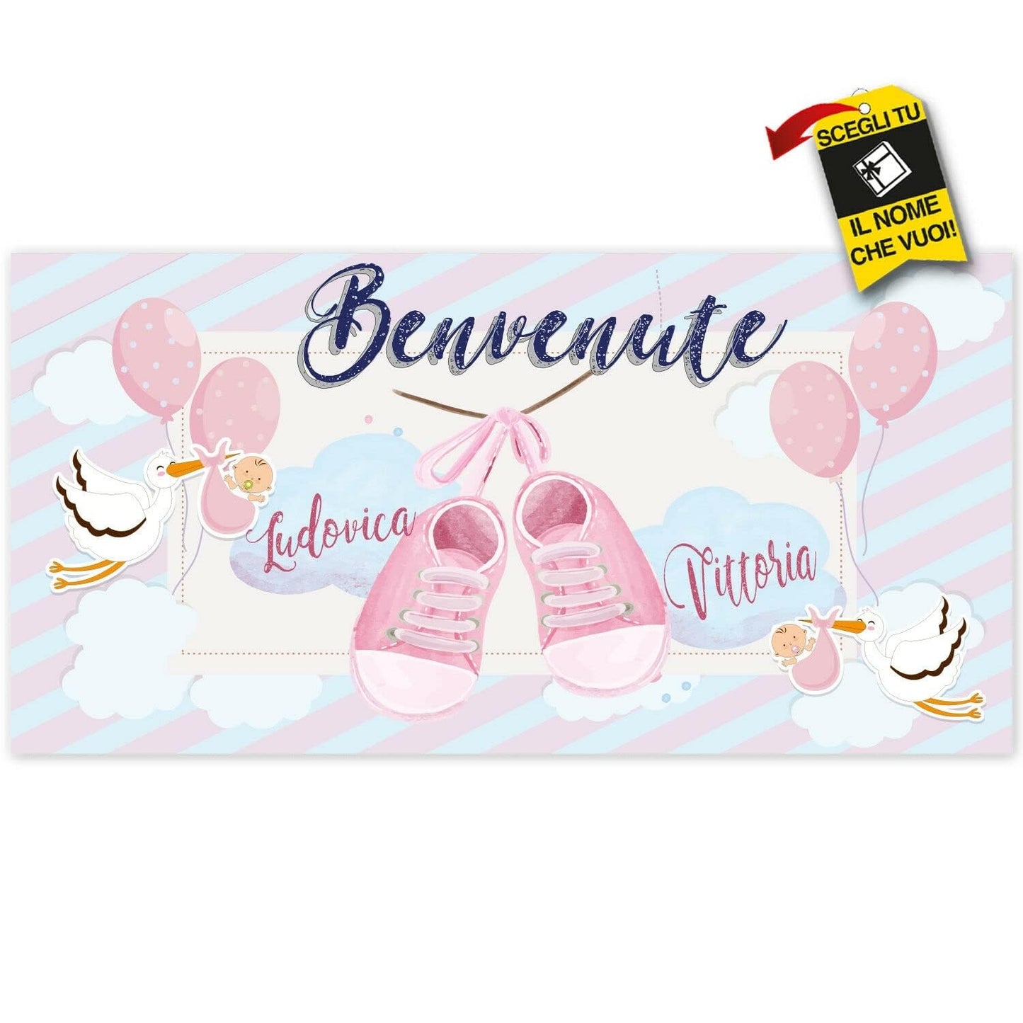 BANNER STRISCIONE NASCITA - Gemelle scarpette - CON IL TUO NOME bimbo neonato