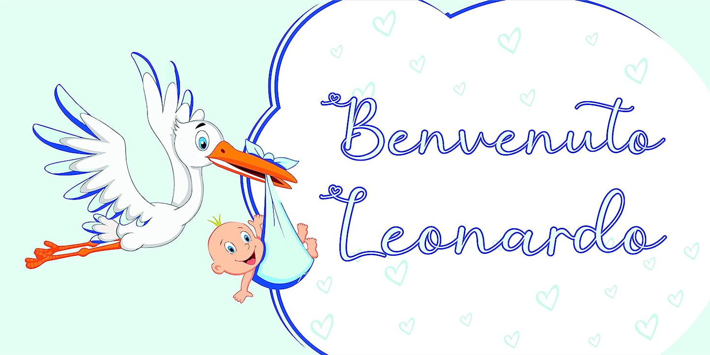 BANNER STRISCIONE NASCITA - Benvenuto con cicogna - CON IL TUO NOME bimbo neonato