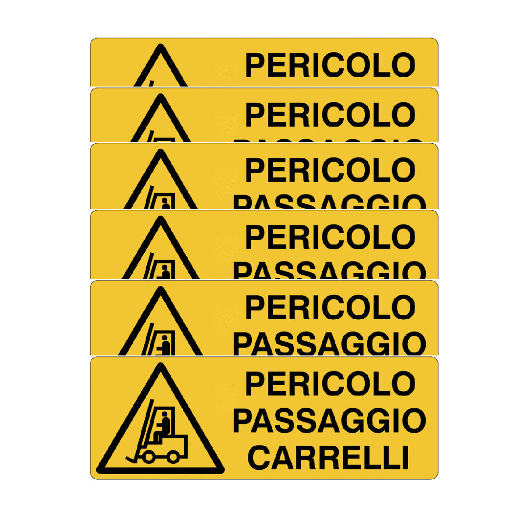 KIT DI 6 ADESIVI UNI -Pericolo passaggio carrelli- Pittogramma ISO 7010 Con Stampa Diretta U.V. (IDEALE ANCHE PER ESTERNO)