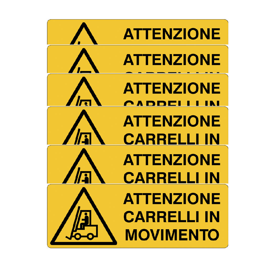 KIT DI 6 ADESIVI UNI -Attenzione carrelli in movimento- Pittogramma ISO 7010 Con Stampa Diretta U.V. (IDEALE ANCHE PER ESTERNO)