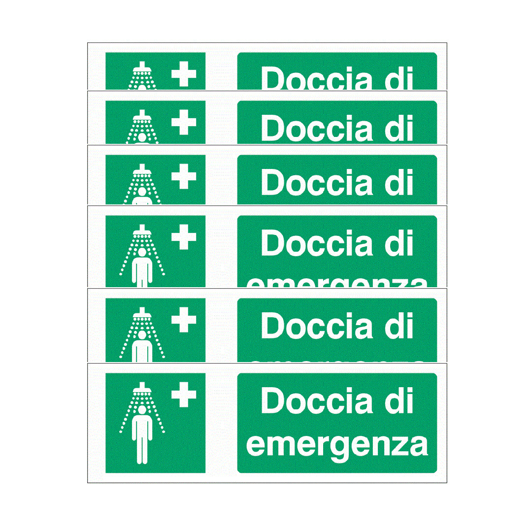 KIT DI 6 ADESIVI UNI - Doccia di emergenza - Pittogramma ISO 7010 Con Stampa Diretta U.V. (IDEALE ANCHE PER ESTERNO)