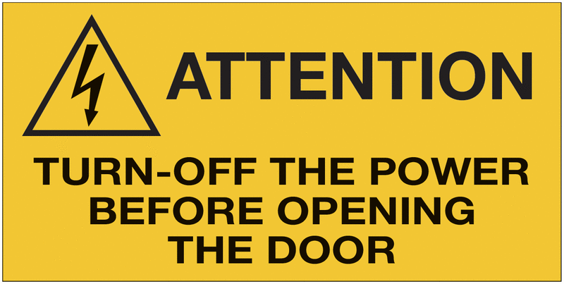 Adesivi di pericolo per quadri elettrici con testo in inglese - Attention - Turn-off the power before opening the door -ISO 7010 in Adesivo Resistente, Pannello in Forex, Pannello In Alluminio o in Plexiglas