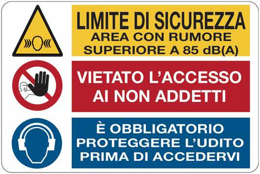 Limite di sicurezza area con rumore superiore a 85 dB(A)- ISO 7010 in Adesivo Resistente, Pannello in Forex, Pannello In Alluminio o in Plexiglas