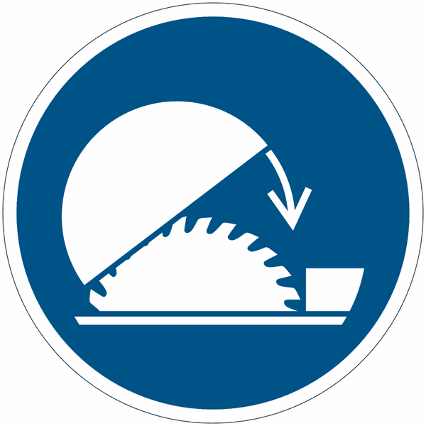 CARTELLO SEGNALETICO ROTONDO ISO 7010 - Usare la protezione regolabile della sega circolare da banco - ISO 7010 - Adesivo Extra Resistente, Pannello in Forex, Pannello In Alluminio