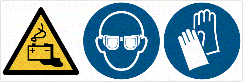 "Occhiali e guanti obbligatori, Pericolo batteria" - UNI 7010 in Adesivo Resistente, Pannello in Forex, Pannello In Alluminio o in Plexiglas