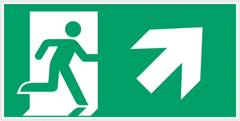 Uomo che corre a destra, freccia 45° in alto - CARTELLO SEGNALETICO UNI 7010 in Adesivo Resistente, Pannello in Forex, Pannello In Alluminio o in Plexiglas