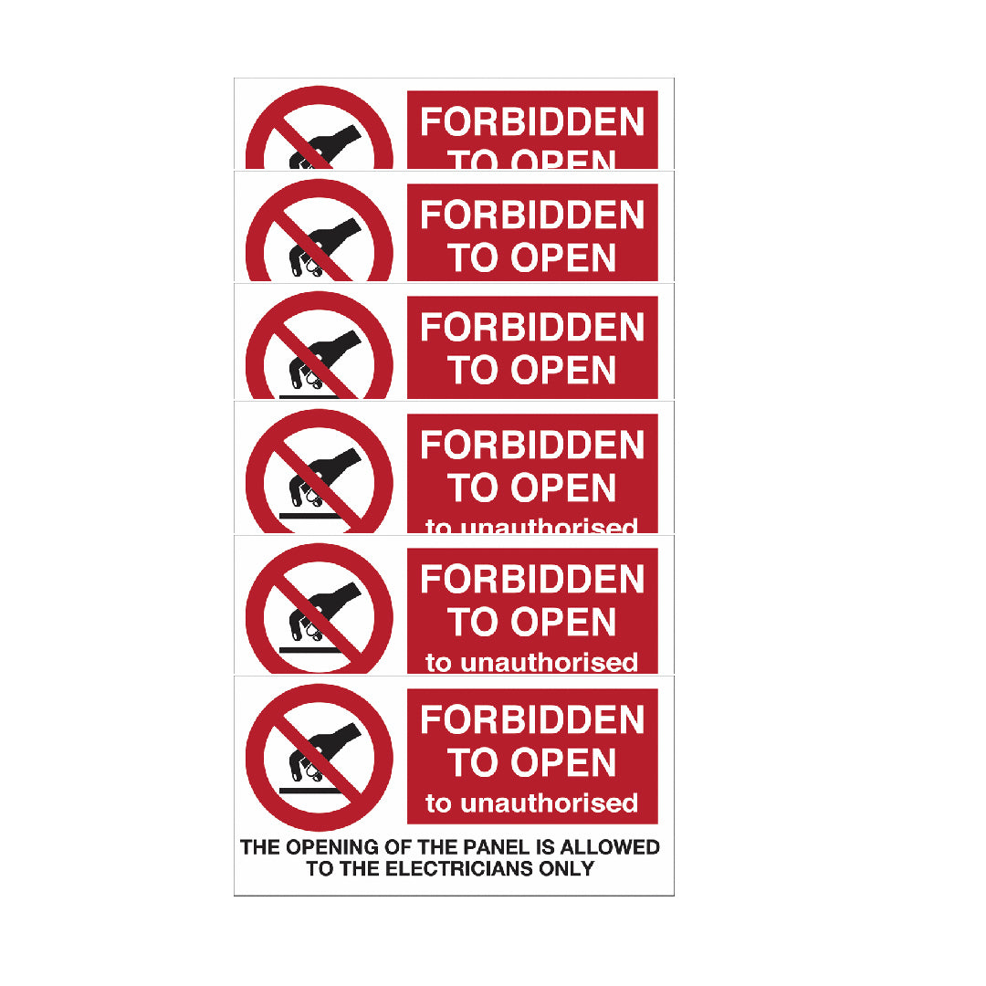 KIT DI 6 ADESIVI -Adesivi di divieto per quadri elettrici con testo in inglese - Forbidden to open to unauthorised - Warning- Pittogramma ISO 7010 Con Stampa Diretta U.V. (IDEALE ANCHE PER ESTERNO)
