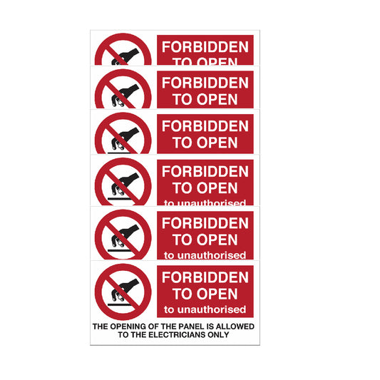 KIT DI 6 ADESIVI -Adesivi di divieto per quadri elettrici con testo in inglese - Forbidden to open to unauthorised - Warning- Pittogramma ISO 7010 Con Stampa Diretta U.V. (IDEALE ANCHE PER ESTERNO)