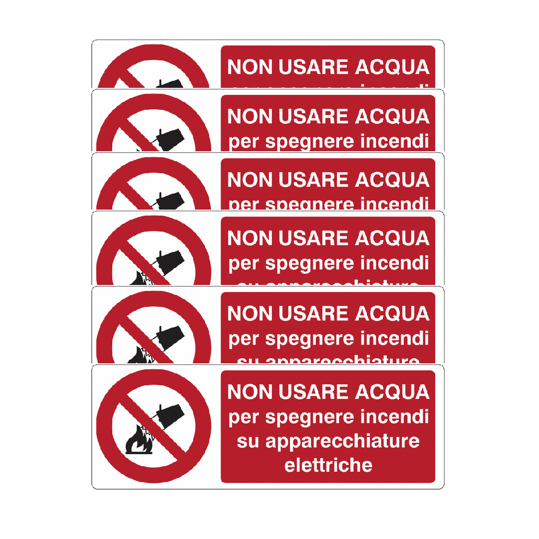 KIT DI 6 ADESIVI UNI - Non usare acqua per spegnere incendi su apparecchiature elettriche - Pittogramma ISO 7010 Con Stampa Diretta U.V. (IDEALE ANCHE PER ESTERNO)