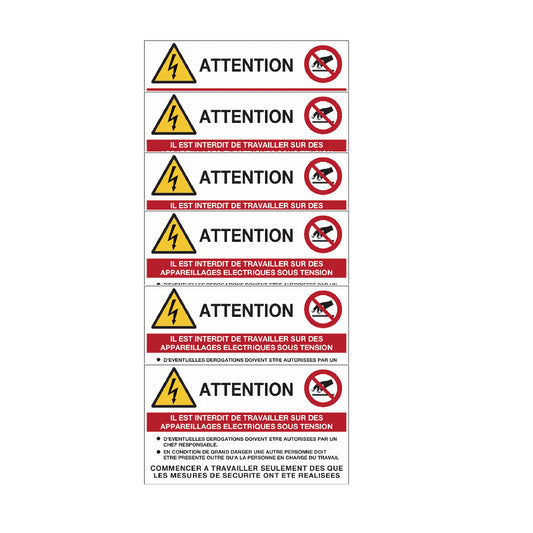 KIT DI 6 ADESIVI -Adesivi di pericolo elettrico - Attention - con testo in francese- Pittogramma ISO 7010 Con Stampa Diretta U.V. (IDEALE ANCHE PER ESTERNO)