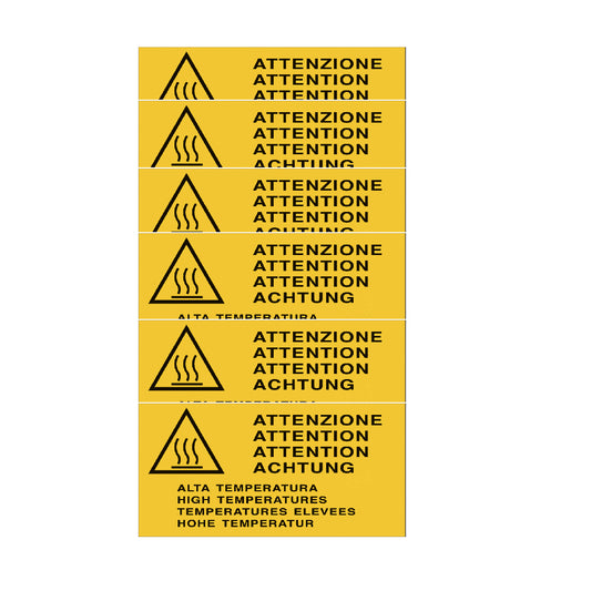 KIT DI 6 ADESIVI - Adesivi di pericolo per quadri elettrici con testo multilingue - Attenzione - Alta temperatura- Pittogramma ISO 7010 Con Stampa Diretta U.V. (IDEALE ANCHE PER ESTERNO)