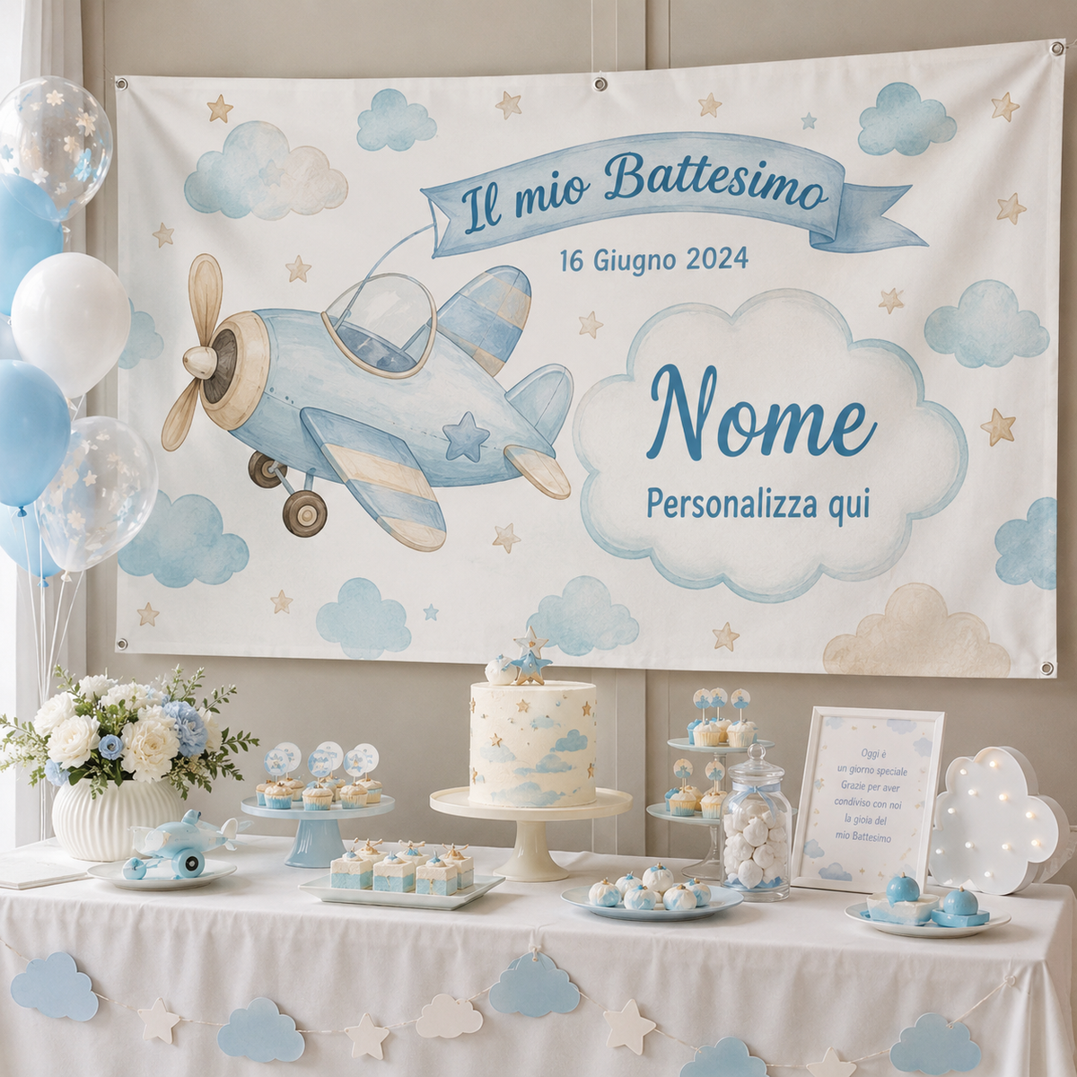 Banner battesimo Aeroplanino personalizzato - 01 ambientata