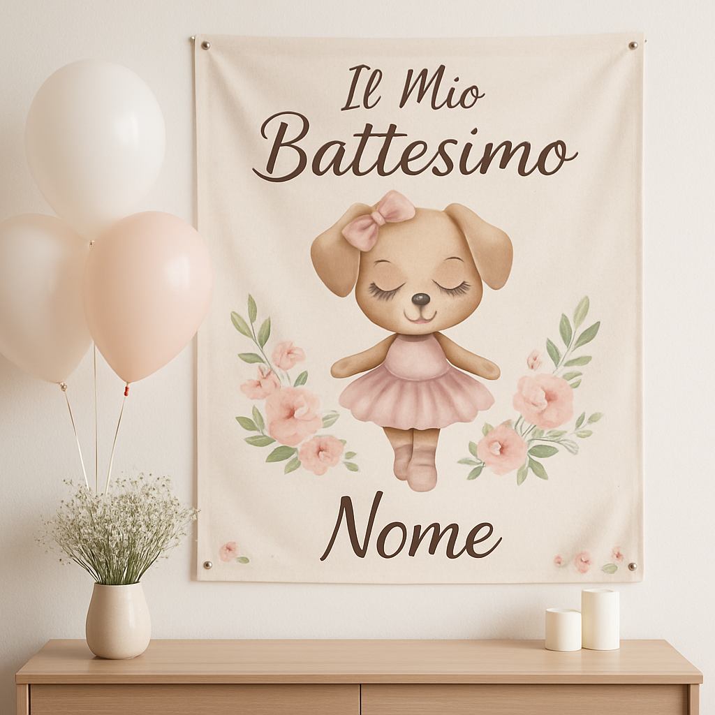 Banner striscione battesimo Ballerina Cagnolina personalizzato - 01 ambientata