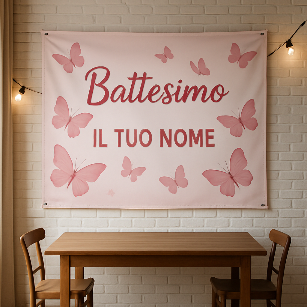 BANNER STRISCIONE BATTESIMO - Farfalle rosa - CON IL TUO NOME bimbo - 01 ambientata