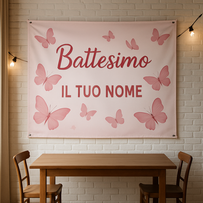 BANNER STRISCIONE BATTESIMO - Farfalle rosa - CON IL TUO NOME bimbo - 01 ambientata