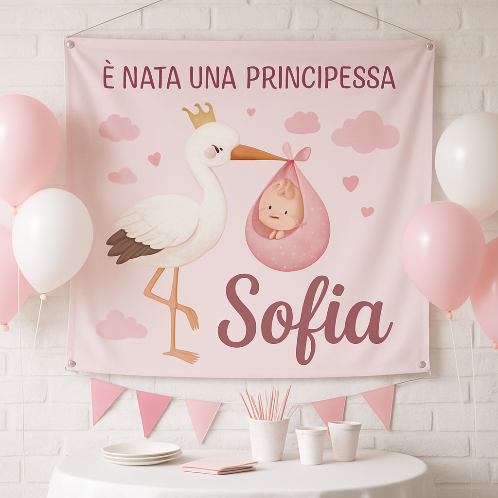 BANNER STRISCIONE NASCITA - Principessa Cicogna - CON IL TUO NOME bimbo neonato - 01 ambientata