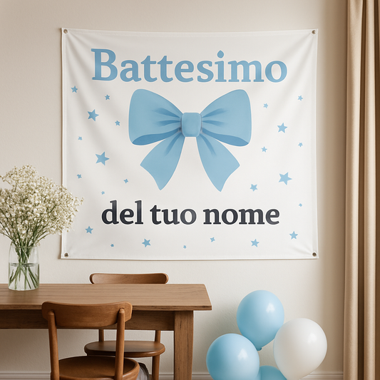 BANNER STRISCIONE BATTESIMO - Fiocco Azzurro - CON IL TUO NOME bimbo - 01 ambientata