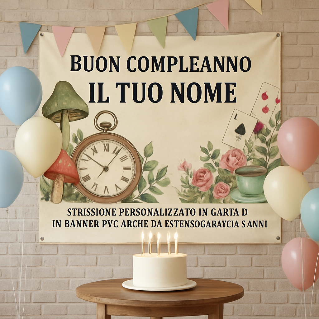 GLOBAL STRISCIONE FONDALE COMPLEANNO - Alice Nel Paese delle Meraviglie mod 2 - STRISCIONE PERSONALIZZATO IN CARTA O IN BANNER PVC ANCHE DA ESTERNO GARANZIA 5 ANNI - 01 ambientata
