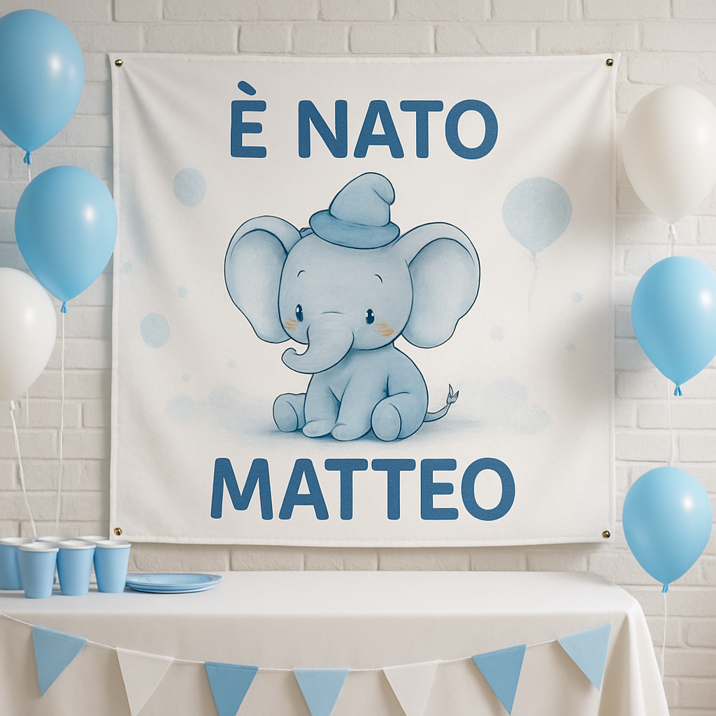 BANNER STRISCIONE NASCITA - Elefantino cappello azzurro - CON IL TUO NOME bimbo neonato - 01 ambientata
