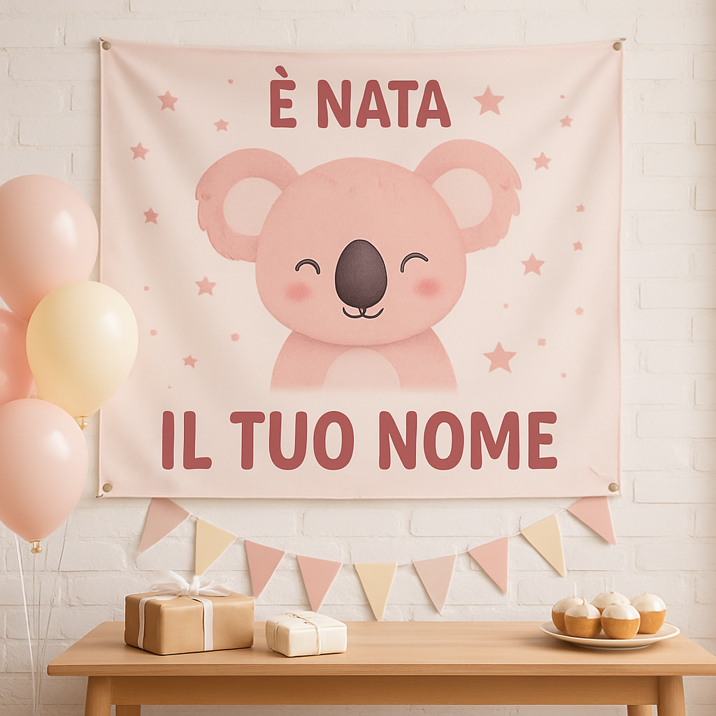 BANNER STRISCIONE NASCITA - Koala rosa - CON IL TUO NOME bimbo neonato - 01 ambientata