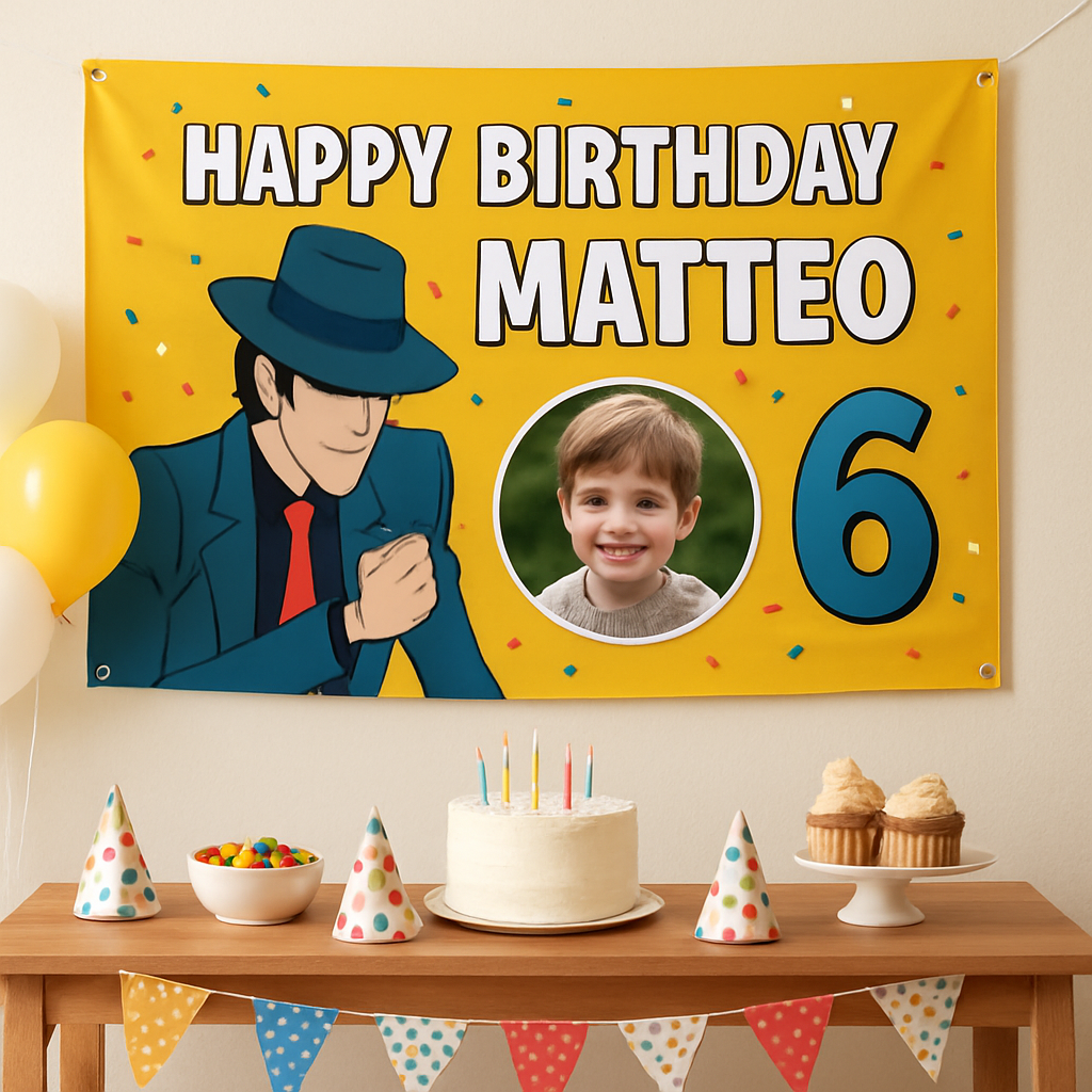 BANNER STRISCIONE compleanno - Lupin - CON NOME foto ed età bimbo/a - 01 ambientata