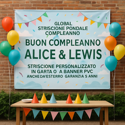 GLOBAL STRISCIONE FONDALE COMPLEANNO - Alice & Lewis - STRISCIONE PERSONALIZZATO IN CARTA O IN BANNER PVC ANCHE DA ESTERNO GARANZIA 5 ANNI - 01 ambientata
