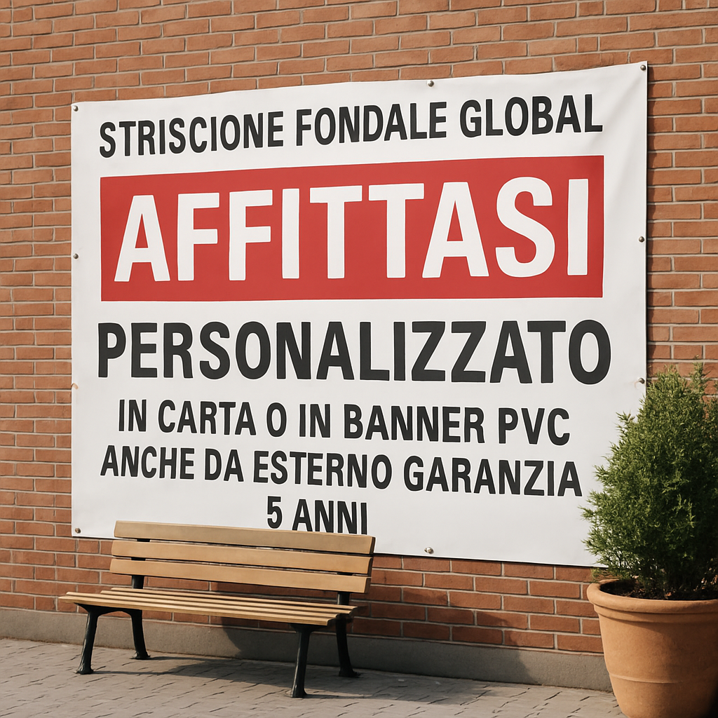 GLOBAL STRISCIONE FONDALE ATTIVITÀ - AFFITTASI - PERSONALIZZATO IN CARTA O IN BANNER PVC ANCHE DA ESTERNO GARANZIA 5 ANNI - 01 ambientata
