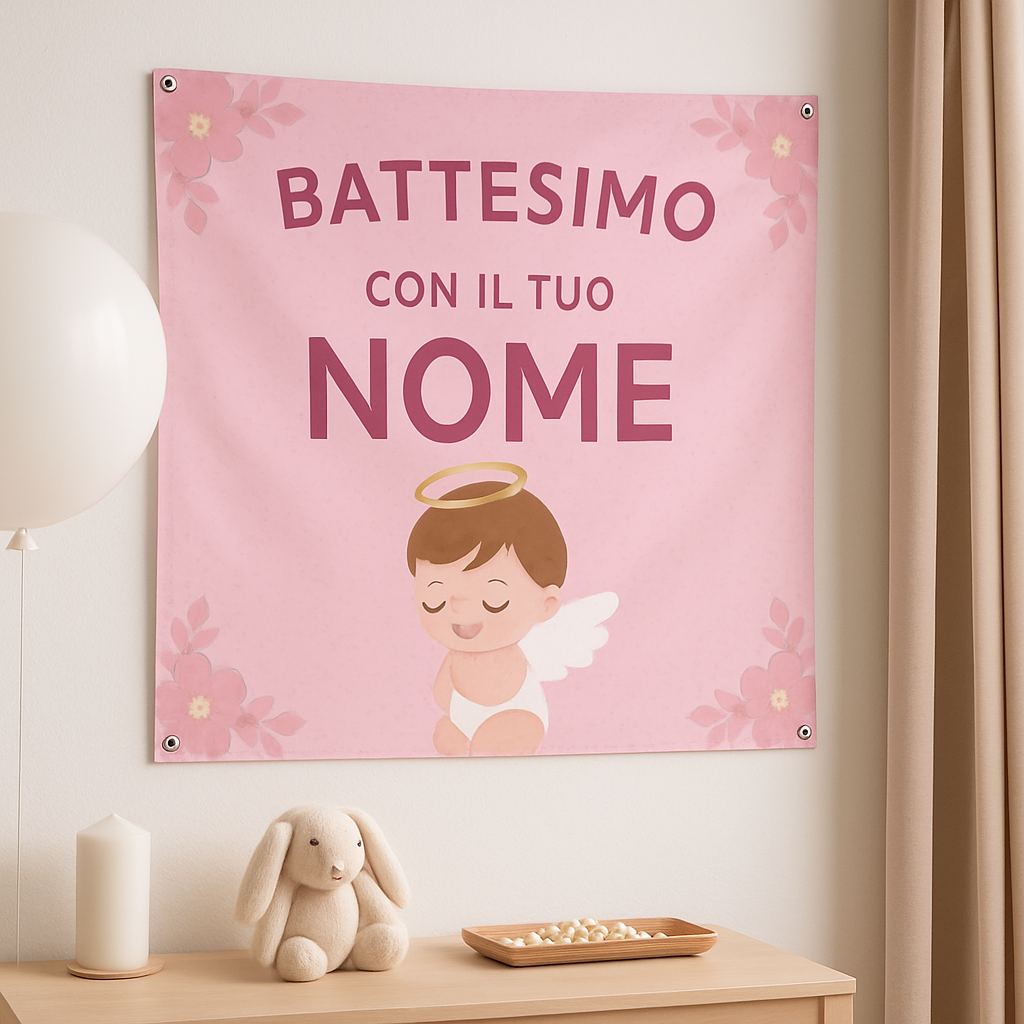 BANNER STRISCIONE BATTESIMO - Battesimo Rosa - CON IL TUO NOME bimbo - 01 ambientata