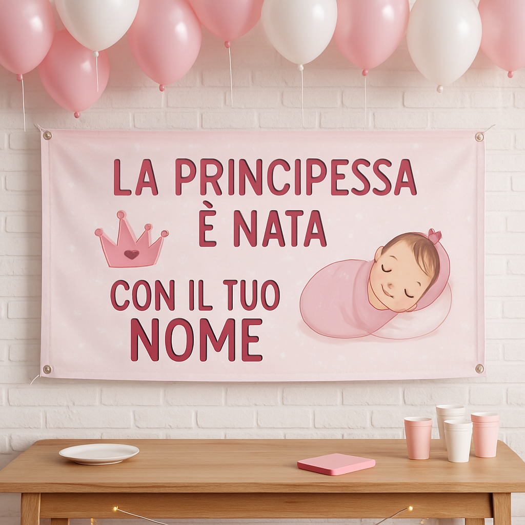 BANNER STRISCIONE NASCITA - la principessa è nata - CON IL TUO NOME bimbo neonato - 01 ambientata