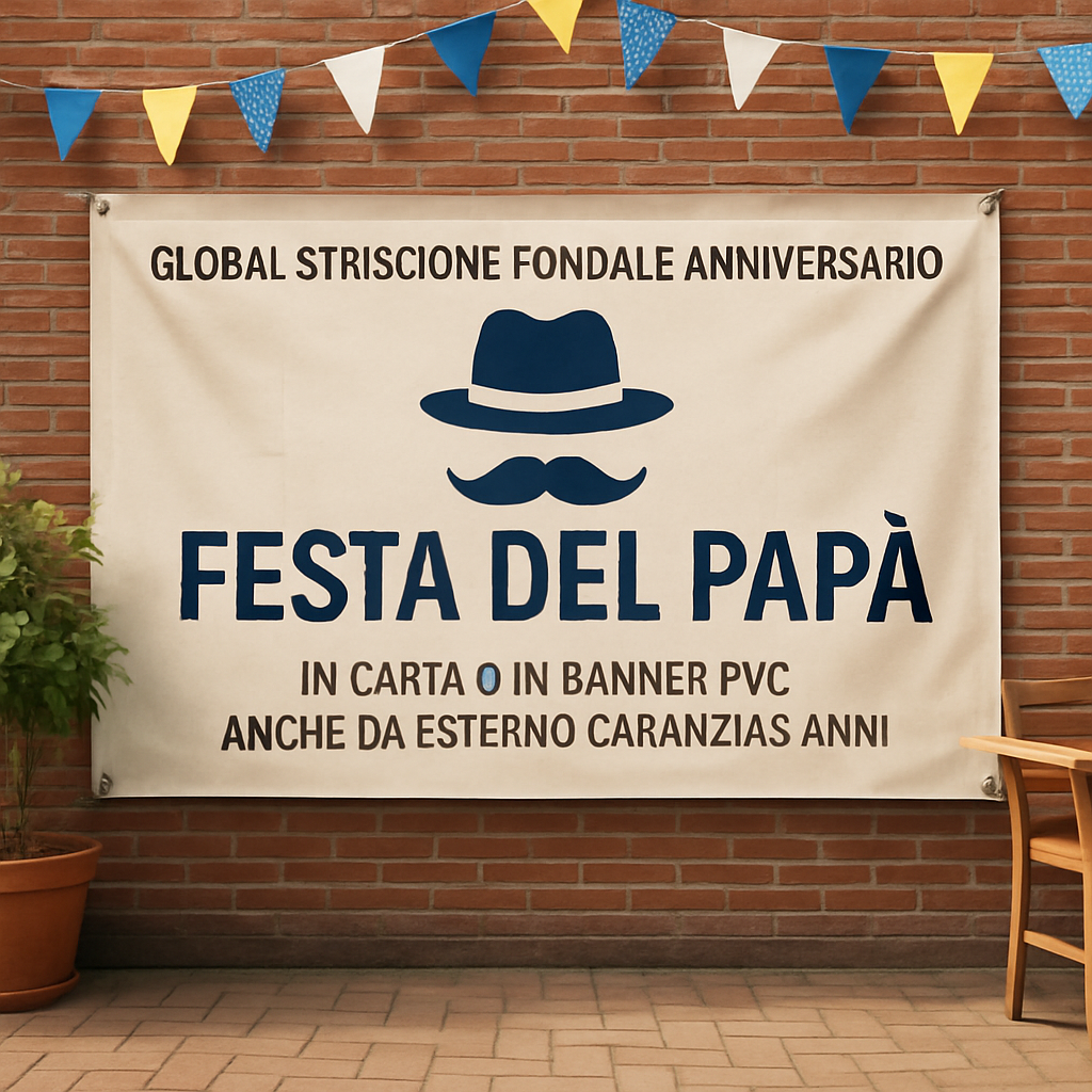 GLOBAL STRISCIONE FONDALE ANNIVERSARIO - FESTA DEL PAPA’ - IN CARTA O IN BANNER PVC ANCHE DA ESTERNO GARANZIA 5 ANNI - 01 ambientata