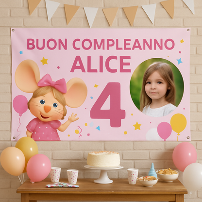 BANNER STRISCIONE compleanno - Topo Gigio Girl - CON NOME foto ed età bimbo/a - 01 ambientata