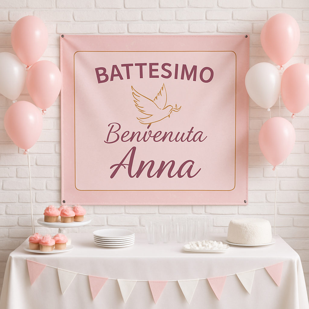 GLOBAL STRISCIONE FONDALE BATTESIMO - Battesimo Rosa - STRISCIONE PERSONALIZZATO IN CARTA O IN BANNER PVC ANCHE DA ESTERNO GARANZIA 5 ANNI - 01 ambientata