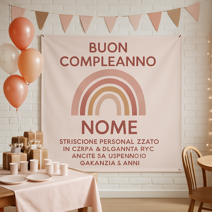 GLOBAL STRISCIONE FONDALE COMPLEANNO - Arcobaleno Rosa Cipria - STRISCIONE PERSONALIZZATO IN CARTA O IN BANNER PVC ANCHE DA ESTERNO GARANZIA 5 ANNI - 01 ambientata