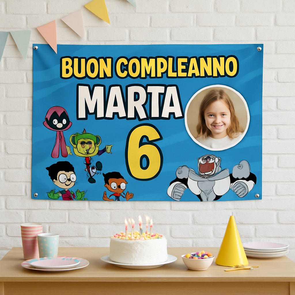 BANNER STRISCIONE compleanno - Teen Titans Go - CON NOME foto ed età bimbo/a - 01 ambientata