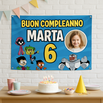 BANNER STRISCIONE compleanno - Teen Titans Go - CON NOME foto ed età bimbo/a - 01 ambientata