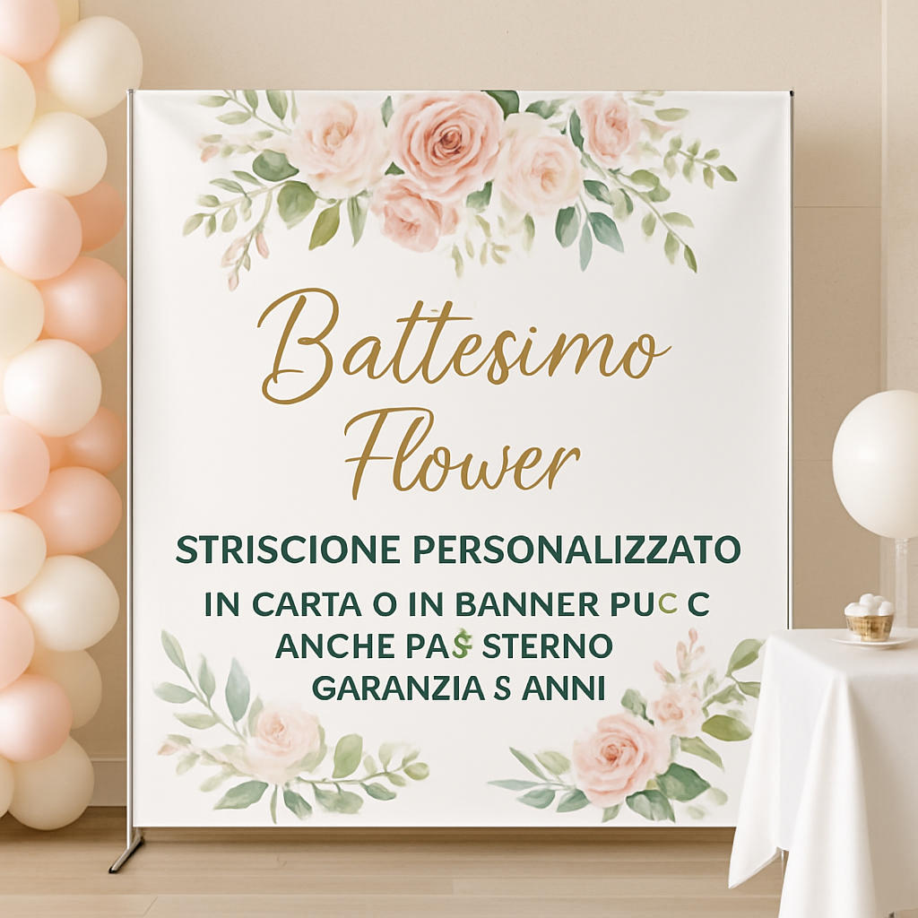 GLOBAL STRISCIONE FONDALE BATTESIMO - Battesimo Flower - STRISCIONE PERSONALIZZATO IN CARTA O IN BANNER PVC ANCHE DA ESTERNO GARANZIA 5 ANNI - 01 ambientata