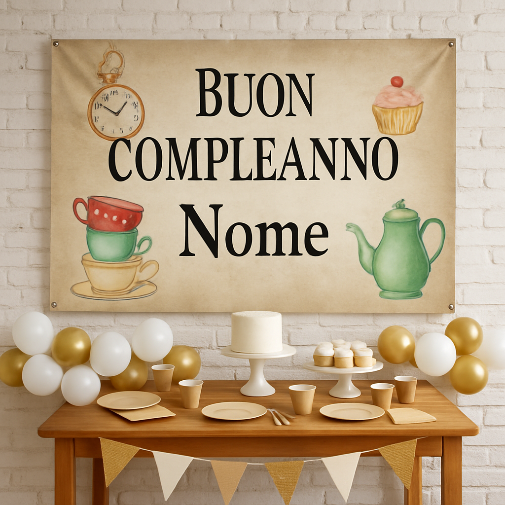 GLOBAL STRISCIONE FONDALE COMPLEANNO - Alice Nel Paese delle Meraviglie mod 3 - STRISCIONE PERSONALIZZATO IN CARTA O IN BANNER PVC ANCHE DA ESTERNO GARANZIA 5 ANNI - 01 ambientata