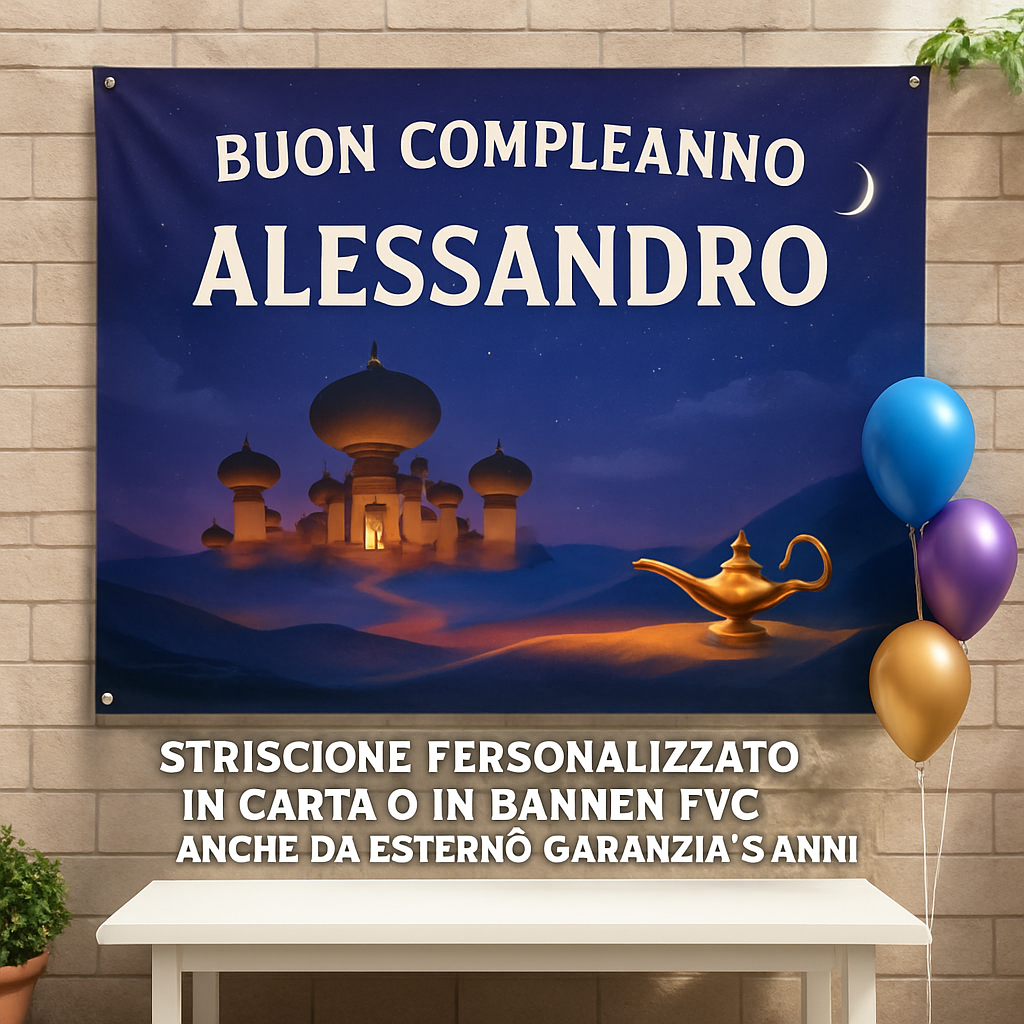 GLOBAL STRISCIONE FONDALE COMPLEANNO - Aladdin - STRISCIONE PERSONALIZZATO IN CARTA O IN BANNER PVC ANCHE DA ESTERNO GARANZIA 5 ANNI - 01 ambientata
