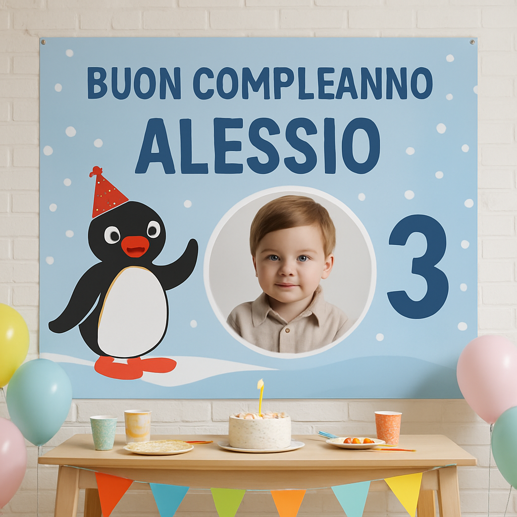 BANNER STRISCIONE compleanno - Pingu - CON NOME foto ed età bimbo/a - 01 ambientata