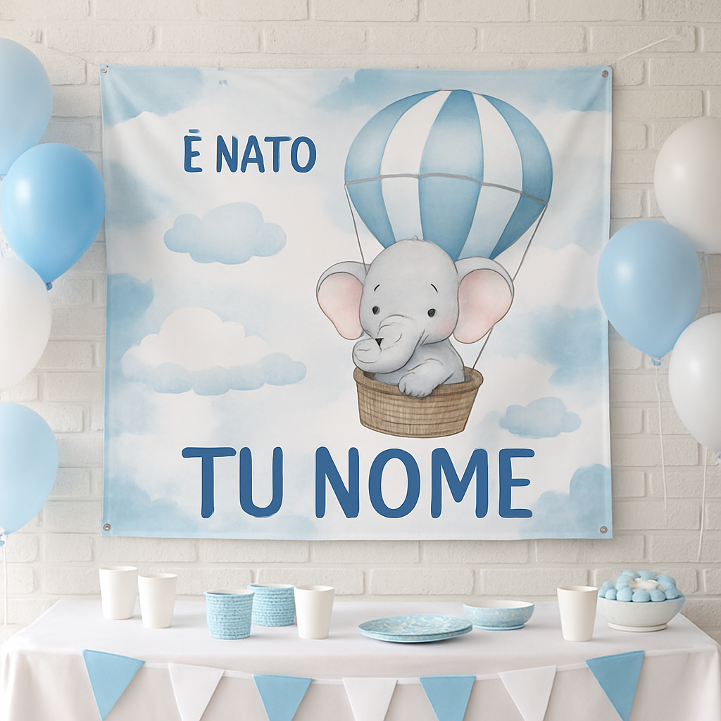 BANNER STRISCIONE NASCITA - Elefantino Mongolfiera - CON IL TUO NOME bimbo neonato - 01 ambientata