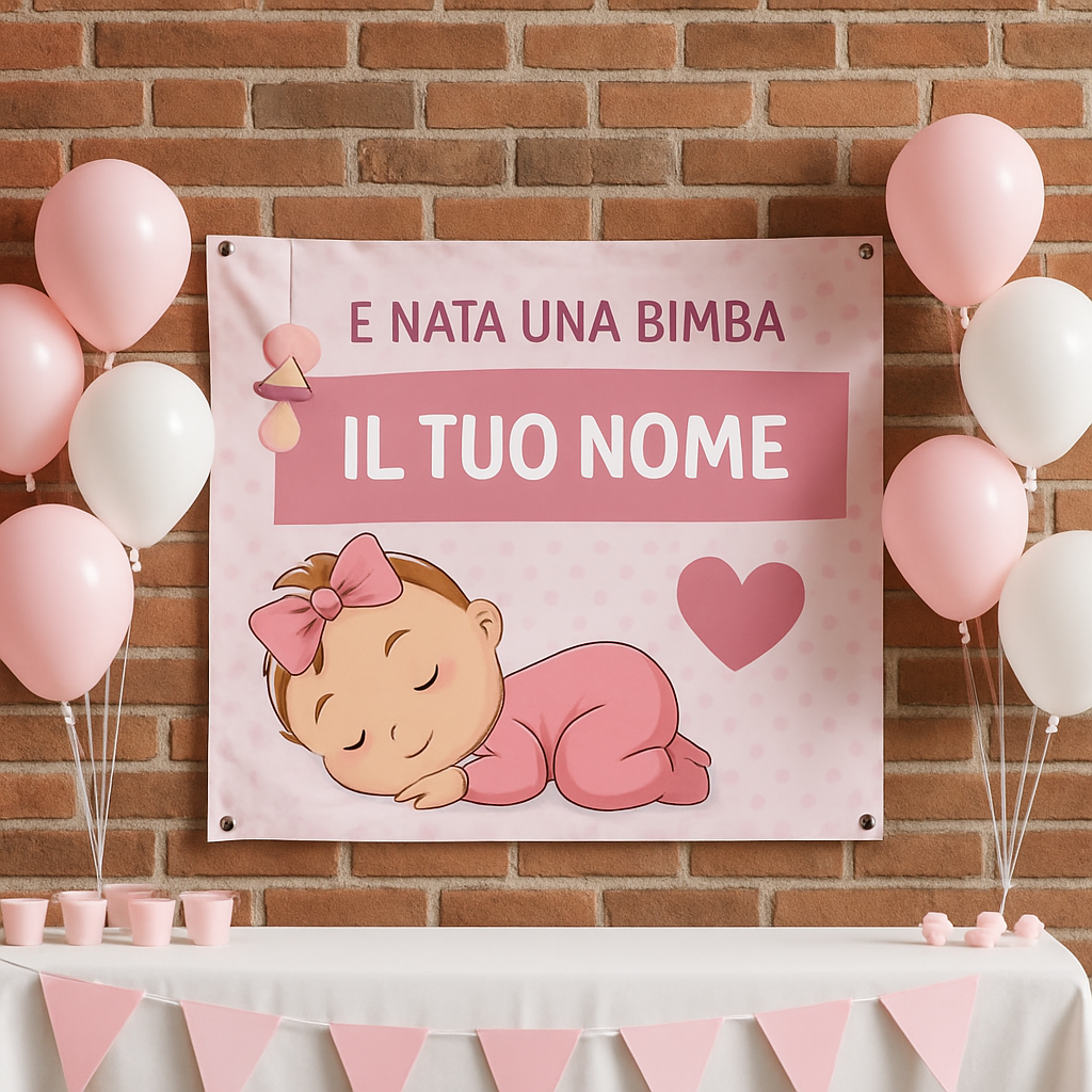 BANNER STRISCIONE NASCITA - Bambina Rosa - CON IL TUO NOME bimbo neonato - 01 ambientata