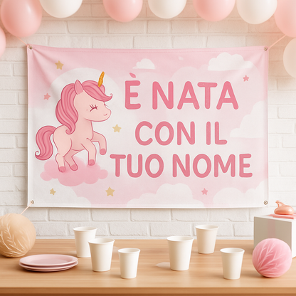 BANNER STRISCIONE NASCITA - Unicorno rosa - CON IL TUO NOME bimbo neonato - 01 ambientata