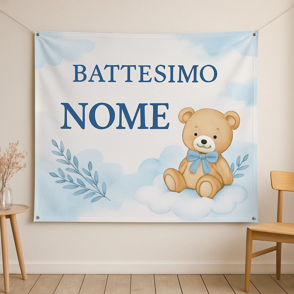 BANNER STRISCIONE BATTESIMO - Battesimo Orsetto - CON IL TUO NOME bimbo - 01 ambientata