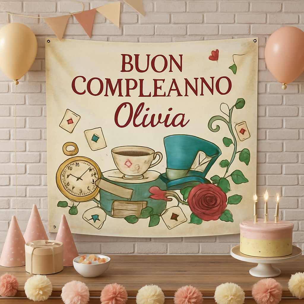 GLOBAL STRISCIONE FONDALE COMPLEANNO - Alice Nel Paese delle Meraviglie mod 4 - STRISCIONE PERSONALIZZATO IN CARTA O IN BANNER PVC ANCHE DA ESTERNO GARANZIA 5 ANNI - 01 ambientata