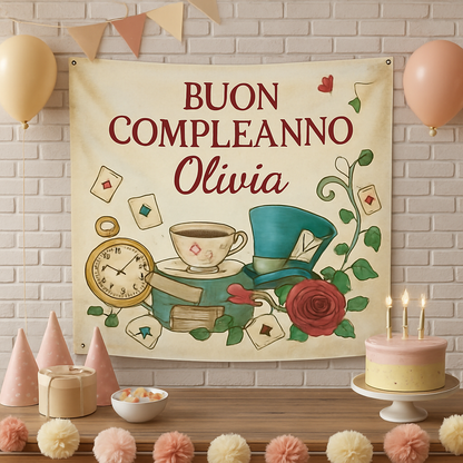 GLOBAL STRISCIONE FONDALE COMPLEANNO - Alice Nel Paese delle Meraviglie mod 4 - STRISCIONE PERSONALIZZATO IN CARTA O IN BANNER PVC ANCHE DA ESTERNO GARANZIA 5 ANNI - 01 ambientata