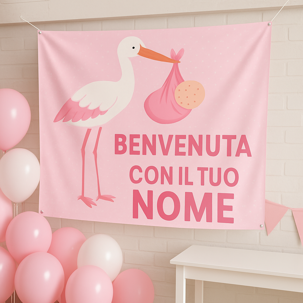BANNER STRISCIONE NASCITA - Cicogna rosa - CON IL TUO NOME bimbo neonato - 01 ambientata